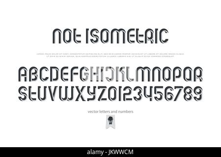 sans serif alphabet letters and numbers. vector, isometric font type. regular, 3d effect typeface design. perspective, retro typesetting Stock Vector