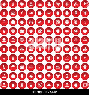 100 vegetarian cafe icons set red Stock Vector