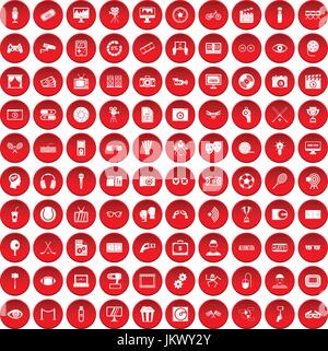 100 video icons set red Stock Vector