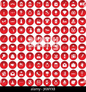 100 wedding icons set red Stock Vector
