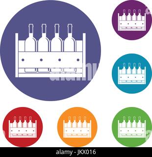 Four bottles of wine in a wooden box icons set Stock Vector