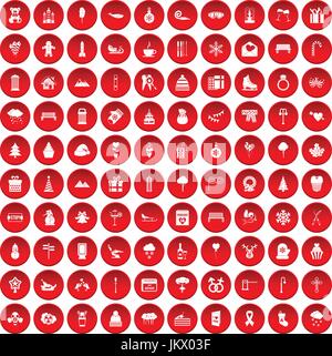 100 winter holidays icons set red Stock Vector