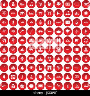 100 world icons set red Stock Vector