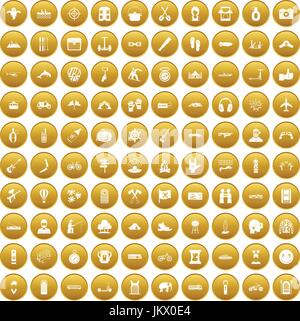 100 adventure icons set gold Stock Vector