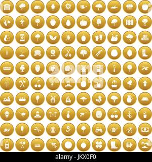 100 agriculture icons set gold Stock Vector