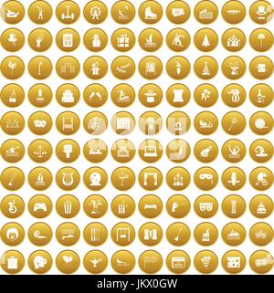 100 amusement icons set gold Stock Vector