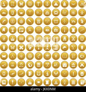 100 archeology icons set gold Stock Vector