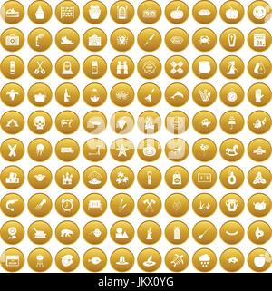 100 autumn holidays icons set gold Stock Vector