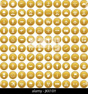 100 aviation icons set gold Stock Vector