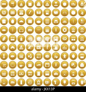 100 bakery icons set gold Stock Vector