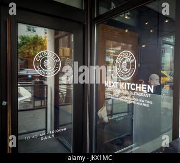 A Chipotle Mexican Grill Next Kitchen menu exploration restaurant in New York on Thursday, July 13, 2017.  The fast casual restaurant will serve Chipotle's newest products and act as a test of ordering technology. Currently the Next Kitchen is the only Chipotle in the world serving queso. (© Richard B. Levine) Stock Photo