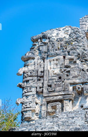 Ornate details of a temple in the ancient Mayan ruins of Chicanna, Mexico Stock Photo