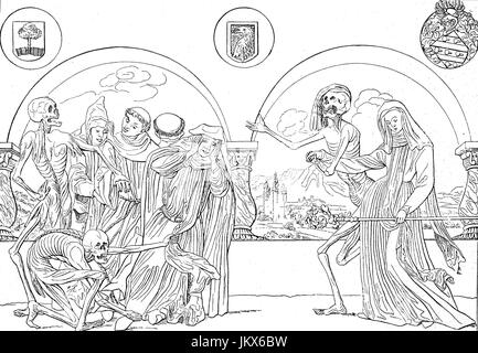 Digital improved:, Death dances with nuns and monks, illustration from the Bernese Totentanz by Nikolaus Manuel German, publication from the year 1882 Stock Photo