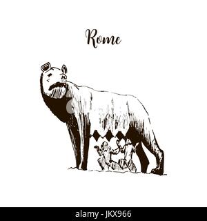 Capitoline Wolf. Rome city symbol. she-wolf t Beautiful hand drawn vector sketch illustration. Italy. isolated on white Stock Vector
