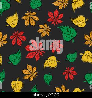 Seamless texture of a colored tree leaves on dark background Stock Vector