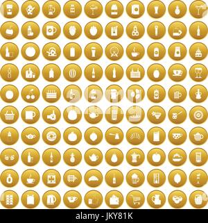 100 beverage icons set gold Stock Vector