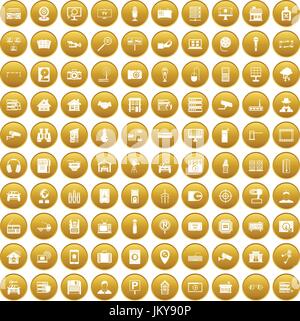 100 camera icons set gold Stock Vector