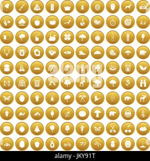 100 camping and nature icons set gold Stock Vector