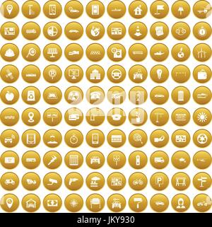 100 car icons set gold Stock Vector