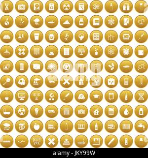 100 chemistry icons set gold Stock Vector