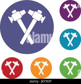 Crossed blacksmith hammer icons set Stock Vector
