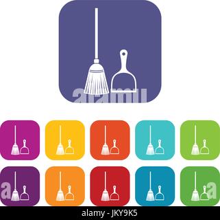 Broom and dustpan icons set Stock Vector