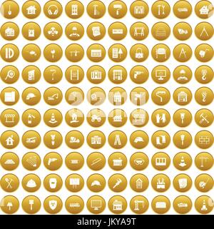 100 construction icons set gold Stock Vector