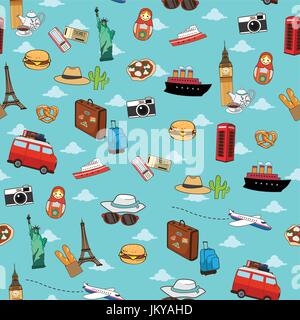 A vector illustration of Seamless Vacation Travel Pattern Wallpaper Background Stock Vector