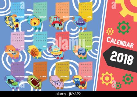 A vector illustration of 2018 Calendar in Cartoon Style Stock Vector