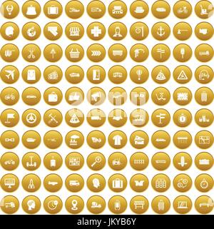 100 delivery icons set gold Stock Vector