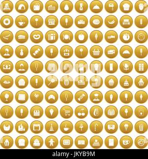 100 dessert icons set gold Stock Vector