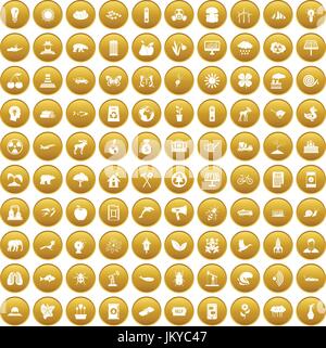 100 eco care icons set gold Stock Vector