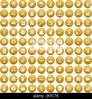 100 economy icons set gold Stock Vector