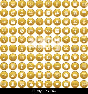 100 e-learning icons set gold Stock Vector