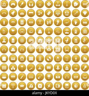 100 entertainment icons set gold Stock Vector