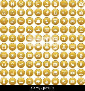 100 family icons set gold Stock Vector