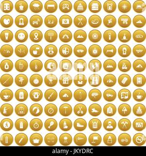 100 family camping icons set gold Stock Vector