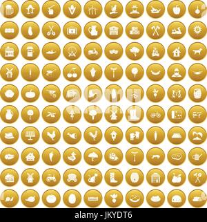 100 farm icons set gold Stock Vector