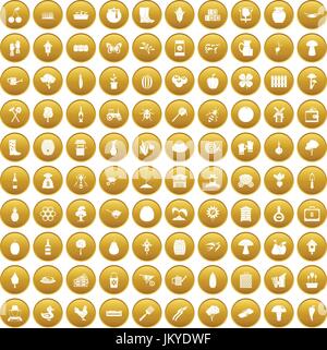 100 farming icons set gold Stock Vector