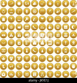 100 festive day icons set gold Stock Vector