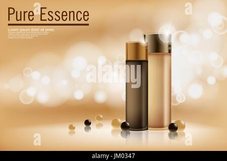 Perfume contained on bronze background with soft bokeh. Poster for the promotion of moisturizing and nourishing cosmetic premium product. Vector illustration. Stock Vector