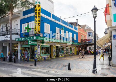 Fuengirola, Spain-August 29th 2015: A pharmacy shop in the town. The town is a popular holiday destination. Stock Photo