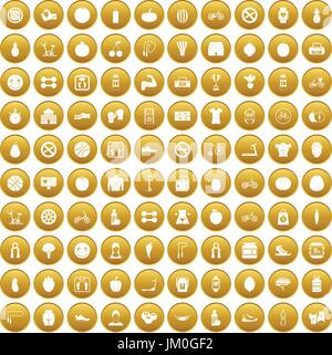 100 fitness icons set gold Stock Vector