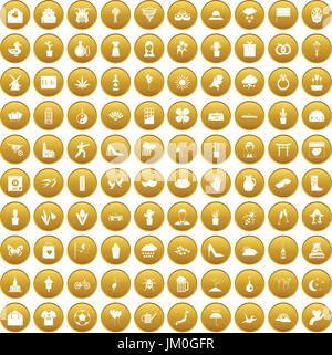 100 flowers icons set gold Stock Vector