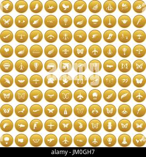 100 fly icons set gold Stock Vector