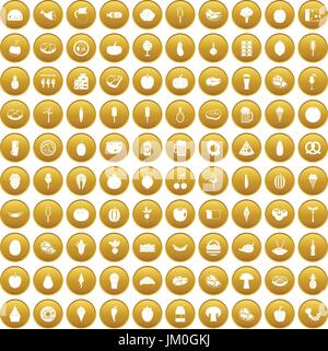 100 food icons set gold Stock Vector
