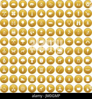 100 forest icons set gold Stock Vector