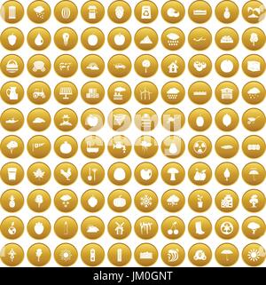 100 fruit icons set gold Stock Vector