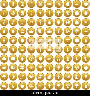 100 garden icons set gold Stock Vector