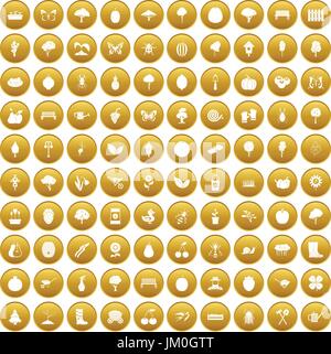 100 gardening icons set gold Stock Vector